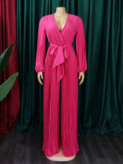 Women's Jumpsuits V-Neck Tie Pleated Wide-Leg Jumpsuit - Jumpsuits - Instastyled | Online Fashion Free Shipping Clothing, Dresses, Tops, Shoes - 25/08/2022 - Bottoms - Color_Apricot