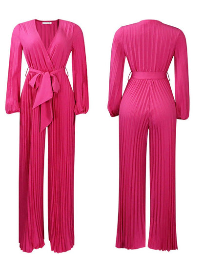 Women's Jumpsuits V-Neck Tie Pleated Wide-Leg Jumpsuit - Jumpsuits - Instastyled | Online Fashion Free Shipping Clothing, Dresses, Tops, Shoes - 25/08/2022 - Bottoms - Color_Apricot