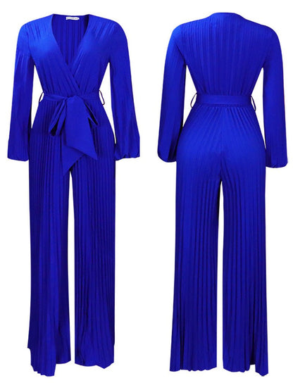 Women's Jumpsuits V-Neck Tie Pleated Wide-Leg Jumpsuit - Jumpsuits - Instastyled | Online Fashion Free Shipping Clothing, Dresses, Tops, Shoes - 25/08/2022 - Bottoms - Color_Apricot