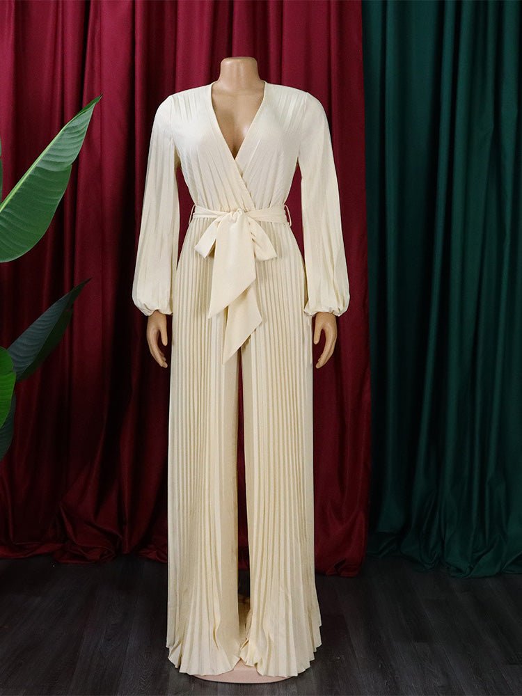 Women's Jumpsuits V-Neck Tie Pleated Wide-Leg Jumpsuit - Jumpsuits - Instastyled | Online Fashion Free Shipping Clothing, Dresses, Tops, Shoes - 25/08/2022 - Bottoms - Color_Apricot