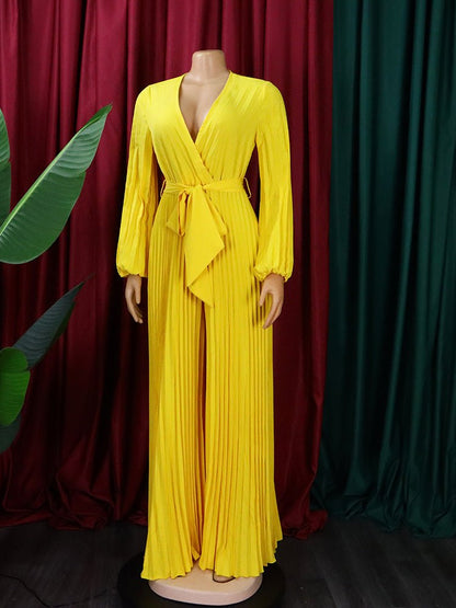 Women's Jumpsuits V-Neck Tie Pleated Wide-Leg Jumpsuit - Jumpsuits - Instastyled | Online Fashion Free Shipping Clothing, Dresses, Tops, Shoes - 25/08/2022 - Bottoms - Color_Apricot