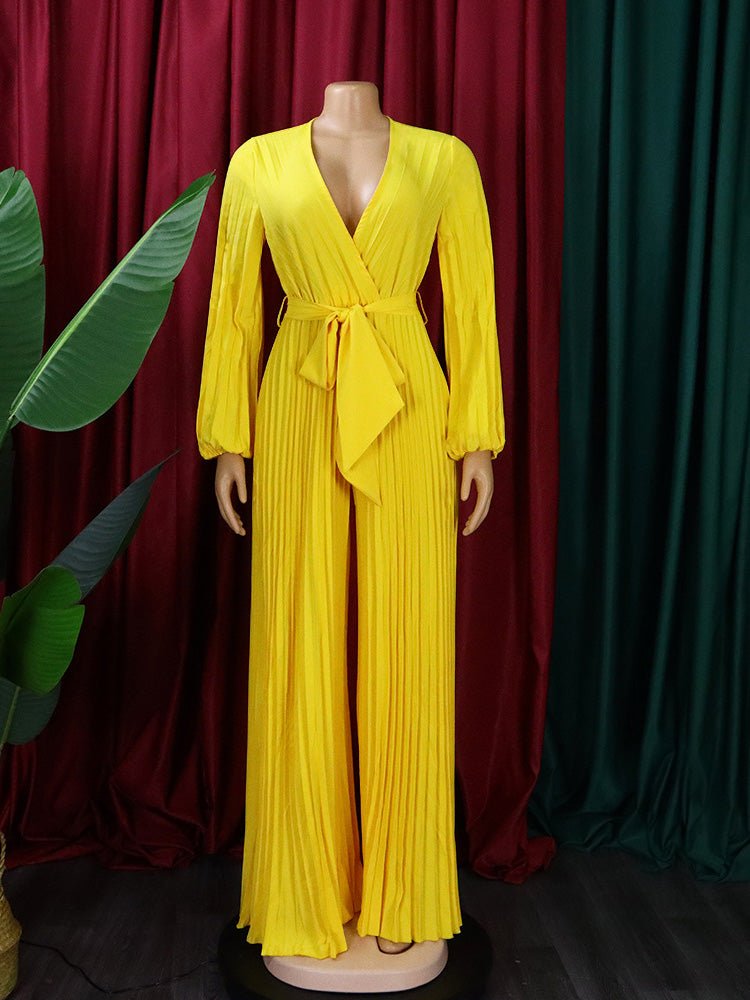 Women's Jumpsuits V-Neck Tie Pleated Wide-Leg Jumpsuit - Jumpsuits - Instastyled | Online Fashion Free Shipping Clothing, Dresses, Tops, Shoes - 25/08/2022 - Bottoms - Color_Apricot