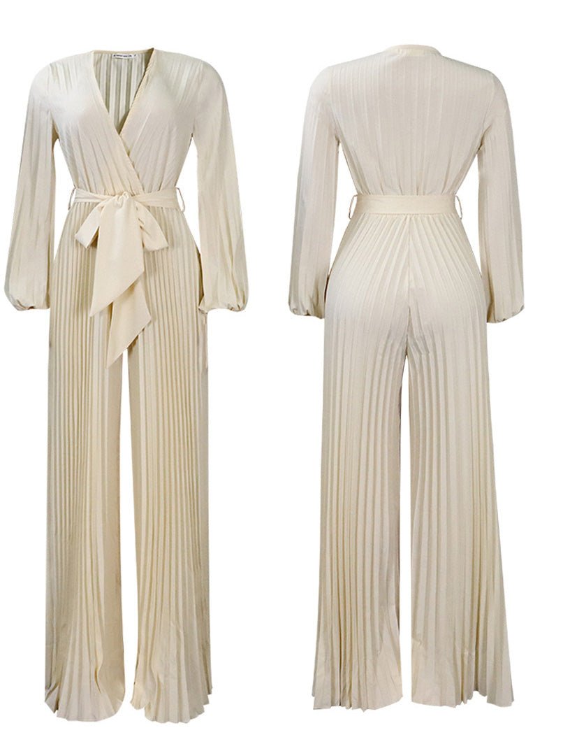 Women's Jumpsuits V-Neck Tie Pleated Wide-Leg Jumpsuit - Jumpsuits - Instastyled | Online Fashion Free Shipping Clothing, Dresses, Tops, Shoes - 25/08/2022 - Bottoms - Color_Apricot