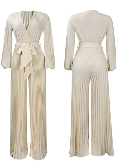 Women's Jumpsuits V-Neck Tie Pleated Wide-Leg Jumpsuit - Jumpsuits - Instastyled | Online Fashion Free Shipping Clothing, Dresses, Tops, Shoes - 25/08/2022 - Bottoms - Color_Apricot