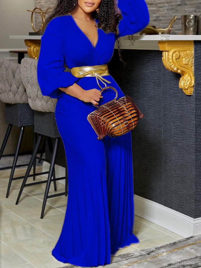 Women's Jumpsuits V-Neck Tie Pleated Wide-Leg Jumpsuit - Jumpsuits - Instastyled | Online Fashion Free Shipping Clothing, Dresses, Tops, Shoes - 25/08/2022 - Bottoms - Color_Apricot