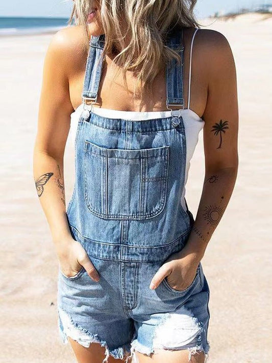 Women's Jumpsuits Washed Pockets Shredded Straight Denim Jumpsuit - Jumpsuits - Instastyled | Online Fashion Free Shipping Clothing, Dresses, Tops, Shoes - 30-40 - 30/06/2022 - Bottoms