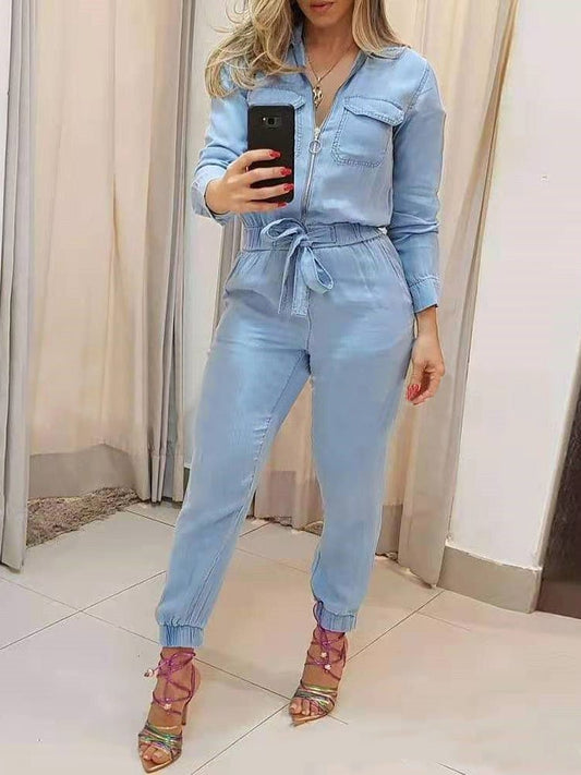 Women's Jumpsuits Zip Elastic Waist Long Sleeve Jumpsuit - Jumpsuits - Instastyled | Online Fashion Free Shipping Clothing, Dresses, Tops, Shoes - 31/08/2022 - bottoms - color-blue