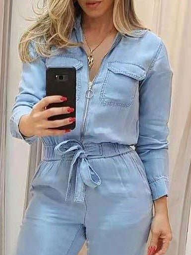 Women's Jumpsuits Zip Elastic Waist Long Sleeve Jumpsuit - Jumpsuits - Instastyled | Online Fashion Free Shipping Clothing, Dresses, Tops, Shoes - 31/08/2022 - bottoms - color-blue