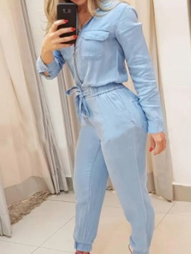 Women's Jumpsuits Zip Elastic Waist Long Sleeve Jumpsuit - Jumpsuits - Instastyled | Online Fashion Free Shipping Clothing, Dresses, Tops, Shoes - 31/08/2022 - bottoms - color-blue