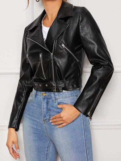 Women's Leather Zipper Motorcycle Jacket