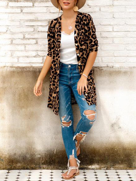 Women's Leopard Print Long-sleeved Coat