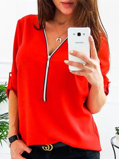 Womens Loose Fitting Zip Up Deep V Neck Long Sleeve T Shirts - T-shirt - INS | Online Fashion Free Shipping Clothing, Dresses, Tops, Shoes - 12/05/2021 - 120521 - Color_Red