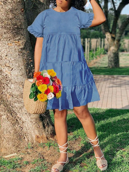 Women's O Neck Ruffle Short Sleeve Tiered Casual Mini Dress - Mini Dresses - INS | Online Fashion Free Shipping Clothing, Dresses, Tops, Shoes - 10/05/2021 - 1005V3 - Color_Blue