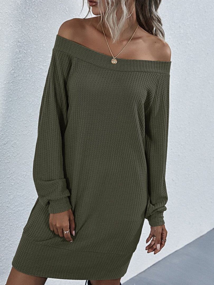 Women's One-line Shoulder Dress With Long Sleeves - Dresses - INS | Online Fashion Free Shipping Clothing, Dresses, Tops, Shoes - Army Green - Black - Color_Army Green