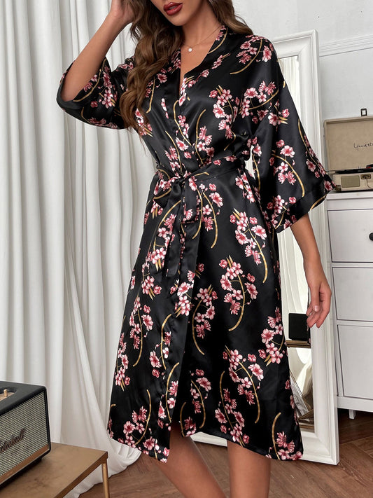 Women's Pajamas Comfortable Acetate Silk Printed Belted Night Gown - Pajamas - Instastyled | Online Fashion Free Shipping Clothing, Dresses, Tops, Shoes - 17/12/2021 - Bottoms - color-black