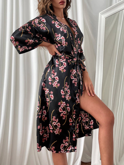 Women's Pajamas Comfortable Acetate Silk Printed Belted Night Gown - Pajamas - Instastyled | Online Fashion Free Shipping Clothing, Dresses, Tops, Shoes - 17/12/2021 - Bottoms - color-black