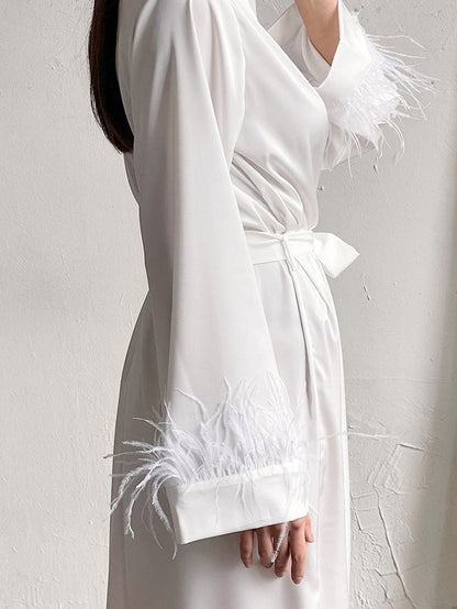 Women's Pajamas Long Sleeve Nightgown Feather Belted Acetate Silk Homewear - Pajamas - Instastyled | Online Fashion Free Shipping Clothing, Dresses, Tops, Shoes - 17/12/2021 - Bottoms - color-white