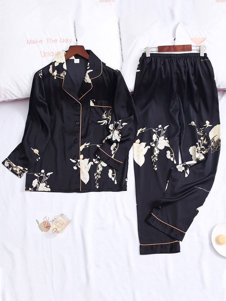 Women's Pajamas Long Sleeve Trousers Acetate Silk Print Home Pajamas - Pajamas - Instastyled | Online Fashion Free Shipping Clothing, Dresses, Tops, Shoes - 17/12/2021 - Bottoms - color-black