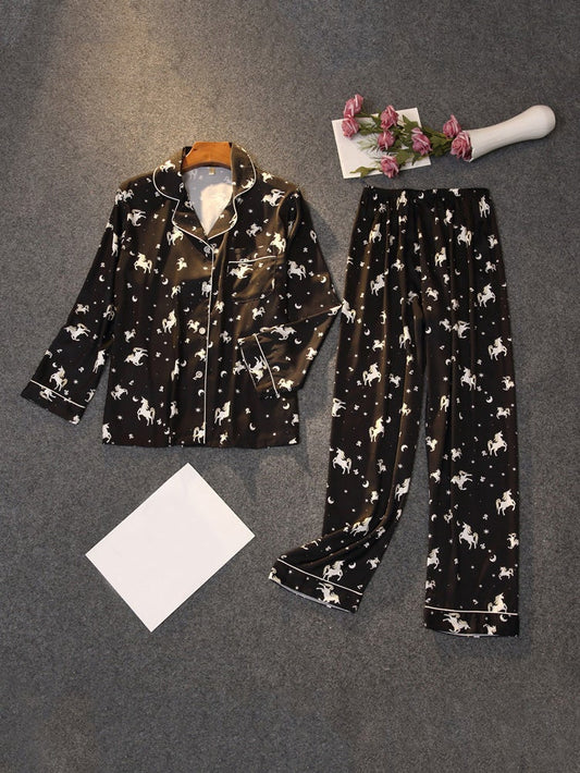 Women's Pajamas Long Sleeve Trousers Acetate Silk Print Home Pajamas - Pajamas - Instastyled | Online Fashion Free Shipping Clothing, Dresses, Tops, Shoes - 17/12/2021 - Bottoms - color-black