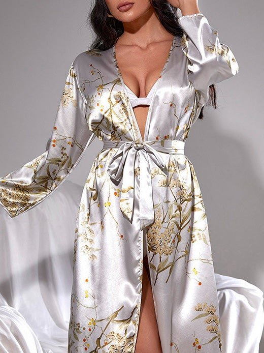 Women's Pajamas Printed Acetate Silk Belted Nightgown - Pajamas - Instastyled | Online Fashion Free Shipping Clothing, Dresses, Tops, Shoes - 17/12/2021 - Bottoms - color-white