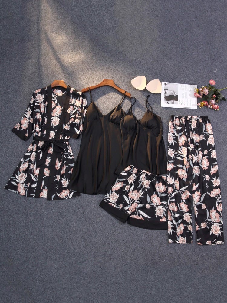 Women's Pajamas Printed Five-Piece Home Service Pajamas Set - Pajamas - Instastyled | Online Fashion Free Shipping Clothing, Dresses, Tops, Shoes - 17/12/2021 - Bottoms - color-black