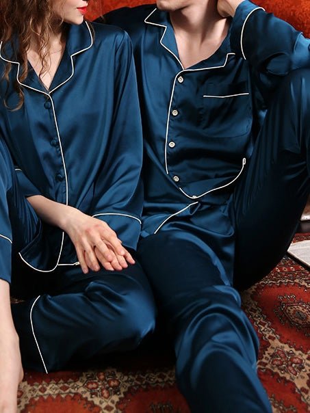 Women's Pajamas Trimmed Acetate Silk Couple Pajamas Sets - Pajamas - Instastyled | Online Fashion Free Shipping Clothing, Dresses, Tops, Shoes - 18/12/2021 - Bottoms - Color_Blue