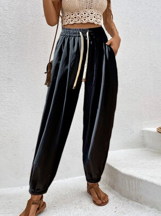 Women's Pants Casual Elastic Waist Tie Pocket Harem pants - Pants - Instastyled | Online Fashion Free Shipping Clothing, Dresses, Tops, Shoes - 12/08/2022 - Bottoms - Color_Black