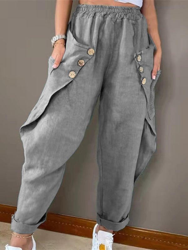 Pants - Casual Pocket Button Elastic Waist Pant - MsDressly