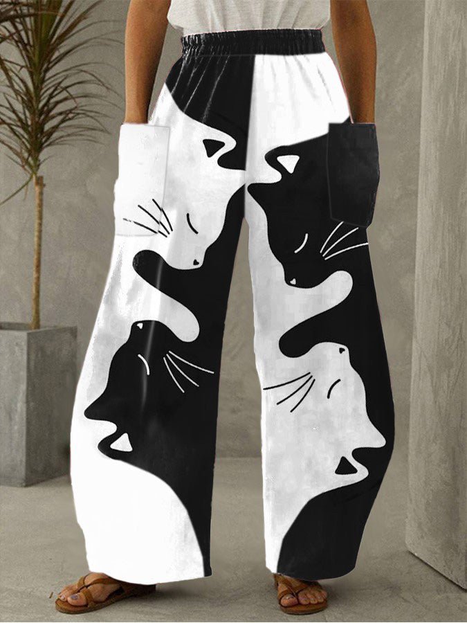 Women's Pants Cat Print Pocket Wide Leg Pants - Pants - Instastyled | Online Fashion Free Shipping Clothing, Dresses, Tops, Shoes - 07/03/2022 - 30-40 - Bottoms