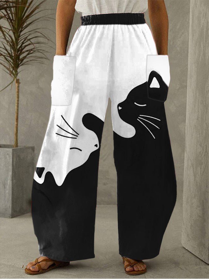 Women's Pants Cat Print Pocket Wide Leg Pants - Pants - Instastyled | Online Fashion Free Shipping Clothing, Dresses, Tops, Shoes - 07/03/2022 - 30-40 - Bottoms