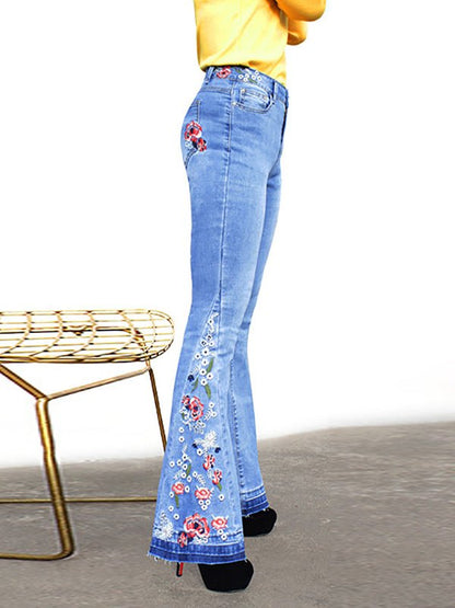 Jeans - Embroidered Denim Flared Jeans - MsDressly