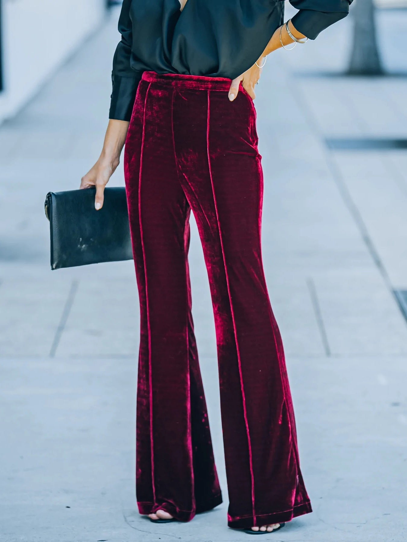 Women's Pants Gold Velvet High Waist Casual Micro Flare Pants - Pants - Instastyled | Online Fashion Free Shipping Clothing, Dresses, Tops, Shoes - 08/09/2022 - Bottoms - Color_Black