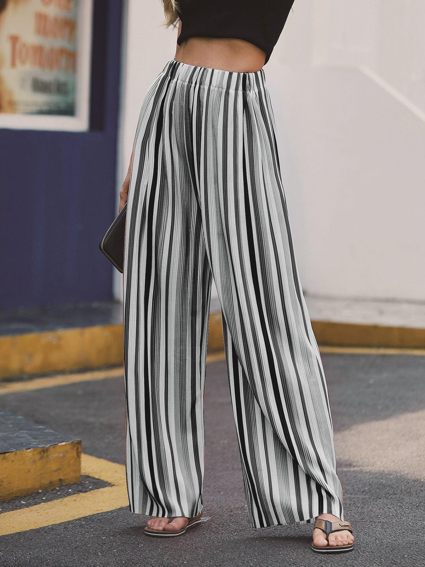 Women's Pants Loose Striped Print Wide Leg Pants - Pants - Instastyled | Online Fashion Free Shipping Clothing, Dresses, Tops, Shoes - 21/09/2022 - Bottoms - Color_Black