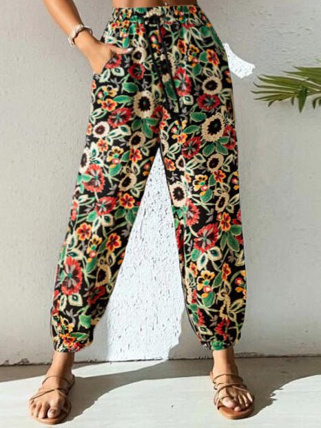 Women's Pants Printed Elastic Waist Lace-Up Pocket Pants - Pants - Instastyled | Online Fashion Free Shipping Clothing, Dresses, Tops, Shoes - 04/08/2022 - Bottoms - Color_Black