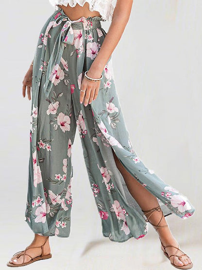 Women's Pants Printed Lace-Up Slit Wide-Leg Pants - Pants - Instastyled | Online Fashion Free Shipping Clothing, Dresses, Tops, Shoes - 02/08/2022 - 30-40 - bottoms