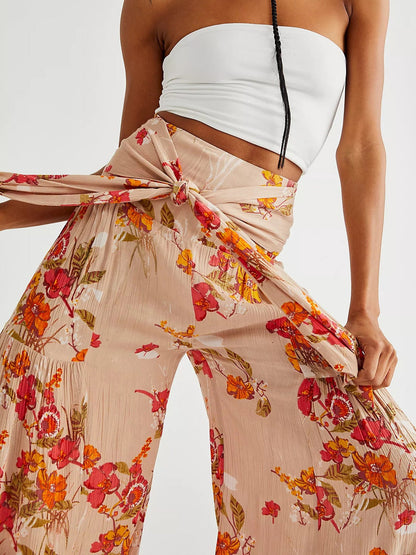 Women's Pants Printed Wide Leg Belted Casual Pants - Pants - Instastyled | Online Fashion Free Shipping Clothing, Dresses, Tops, Shoes - 10/02/2022 - 30-40 - Bottoms