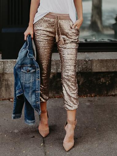 Women's Pants Sequined Pocket Elastic Waist Belted Pants - Pants - INS | Online Fashion Free Shipping Clothing, Dresses, Tops, Shoes - 20-30 - 22/11/2021 - Bottoms