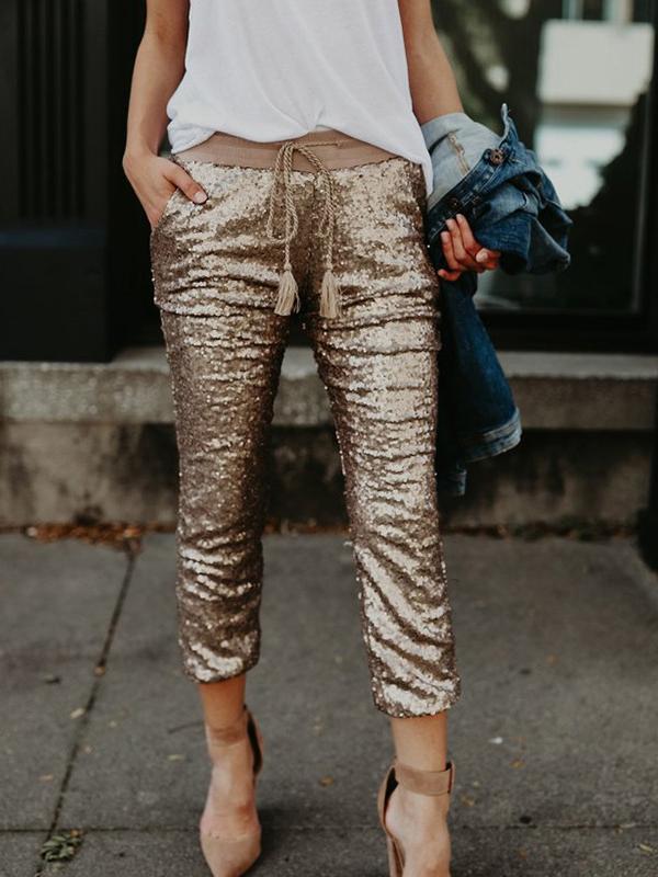 Women's Pants Sequined Pocket Elastic Waist Belted Pants - Pants - INS | Online Fashion Free Shipping Clothing, Dresses, Tops, Shoes - 20-30 - 22/11/2021 - Bottoms