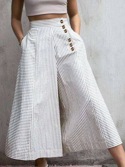 Women's Pants Striped Button Pocket Wide-Leg Pants - Pants - Instastyled | Online Fashion Free Shipping Clothing, Dresses, Tops, Shoes - 08/09/2022 - Bottoms - Color_Blue