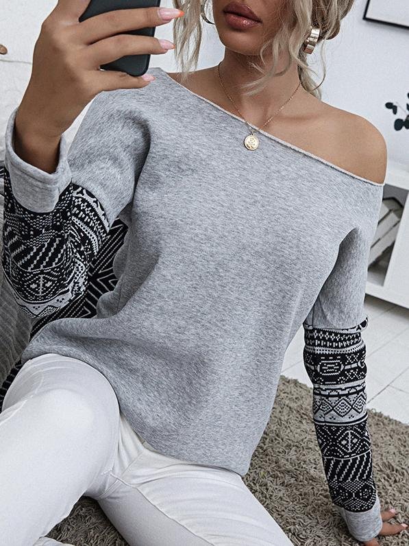 Women's Pullover Long Sleeve Off-shoulder Print T-shirts - MsDressly