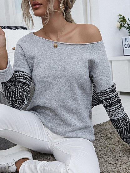 Women's Pullover Long Sleeve Off-shoulder Print T-shirts - MsDressly