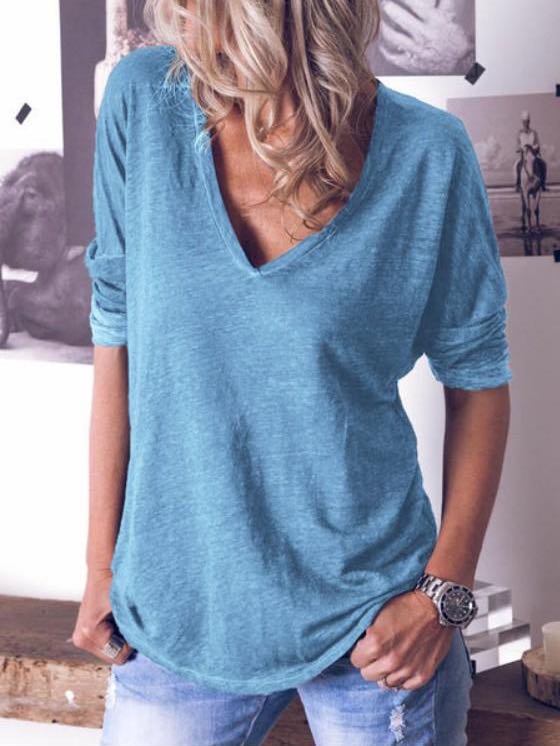 Women's Pure Color V-neck Long Sleeved T-shirt - INS | Online Fashion Free Shipping Clothing, Dresses, Tops, Shoes
