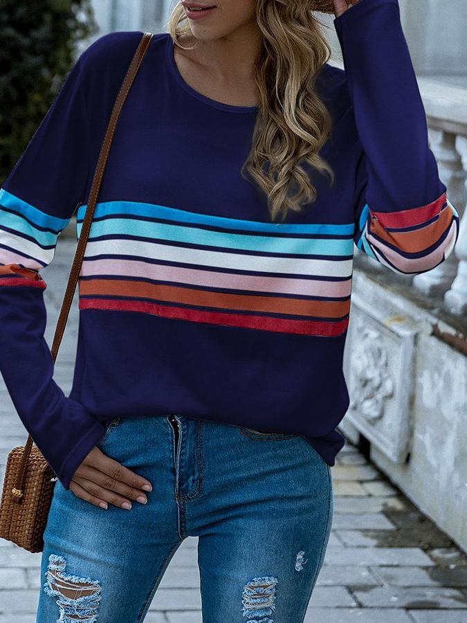 Women's Rainbow Stripe Crewneck Sweatshirt - Sweatshirts - INS | Online Fashion Free Shipping Clothing, Dresses, Tops, Shoes - Autumn - Blue - Color_Blue