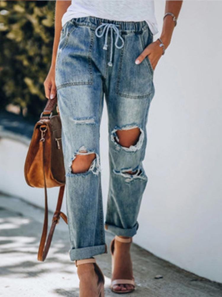 Women's Ripped Denim Trousers Straight Leg Pants - Pants - INS | Online Fashion Free Shipping Clothing, Dresses, Tops, Shoes - 10/05/2021 - Category_Pants - Color_Blue