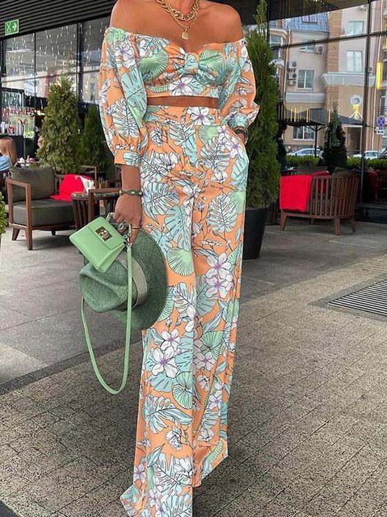 Women's Sets Boat Neck Crop Top & Printed Trousers Two-Piece Suit - Sets - INS | Online Fashion Free Shipping Clothing, Dresses, Tops, Shoes - 05/11/2021 - 30-40 - Bottoms