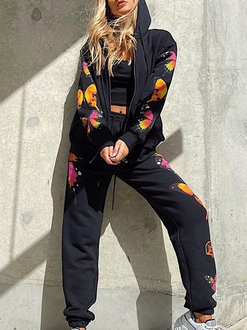 Women's Sets Butterfly Print Long Sleeve Zipper Hoodie Casual Two-Piece Suit - Sets - INS | Online Fashion Free Shipping Clothing, Dresses, Tops, Shoes - 03/09/2021 - 40-50 - Bottom