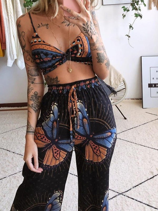 Women's Sets Butterfly Print Tube Top & Wide Leg Pants Two-Piece Set - Sets - Instastyled | Online Fashion Free Shipping Clothing, Dresses, Tops, Shoes - 17/02/2022 - 30-40 - Bottoms