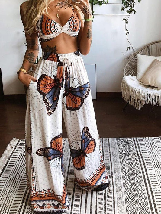 Women's Sets Butterfly Print Tube Top & Wide Leg Pants Two-Piece Set - Sets - Instastyled | Online Fashion Free Shipping Clothing, Dresses, Tops, Shoes - 17/02/2022 - 30-40 - Bottoms