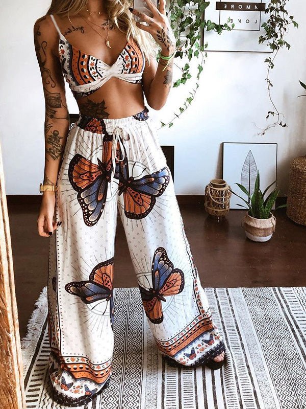 Women's Sets Butterfly Print Tube Top & Wide Leg Pants Two-Piece Set - Sets - Instastyled | Online Fashion Free Shipping Clothing, Dresses, Tops, Shoes - 17/02/2022 - 30-40 - Bottoms