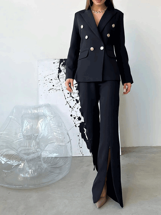 Women's Sets Button Suit & Flared Pants Two Piece Set - Sets - Instastyled | Online Fashion Free Shipping Clothing, Dresses, Tops, Shoes - 08/04/2022 - Bottoms - color-black